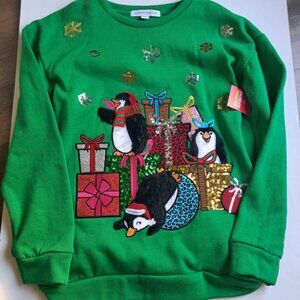 Fun adult women L 10-12  penguin Christmas party sweater sequins appliques NEW